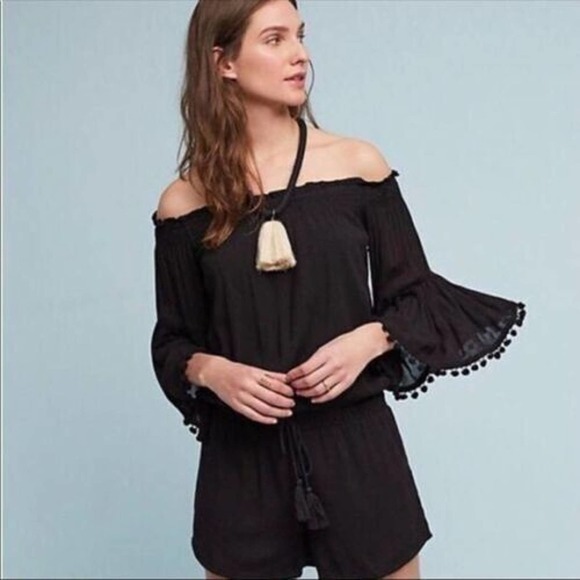 Anthropologie Pants - Anthropologie Lilka Black Romper Shorts Pom Pom Bell Sleeve